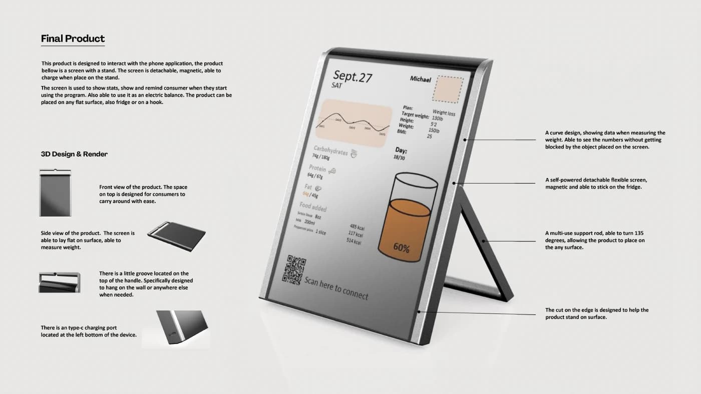CALO nutrition-scanner concept: tablet form, stand, and interface design